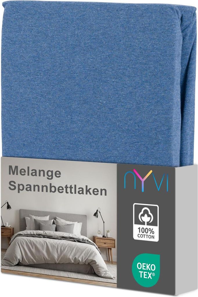 NYVI Spannbettlaken DreamScience Melange 90x200 - 100x200 cm jeansblau für Matratzen bis 22 cm Höhe - 100% Baumwolle, Vintage Leinenoptik, Bügel...
