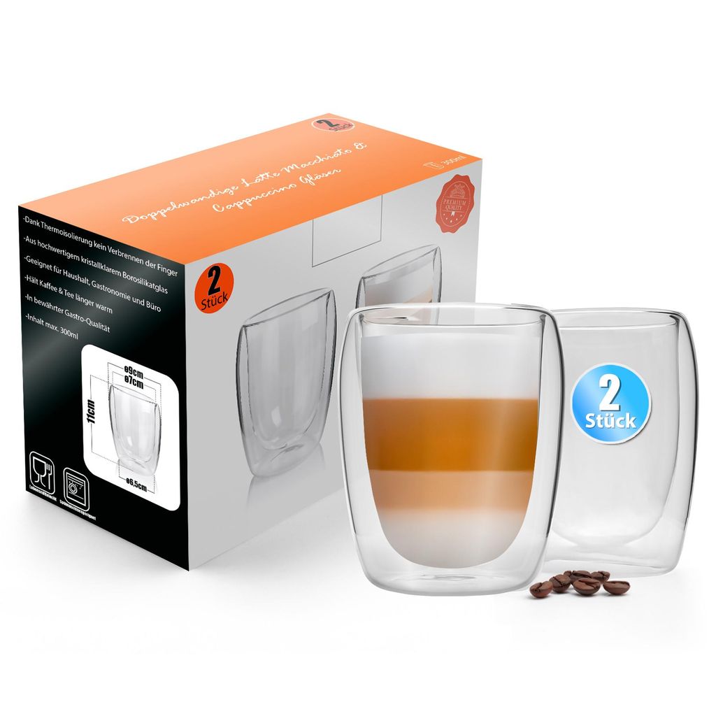 BigDean 2 Stück doppelwandige Latte Macchiato Gläser 300 ml – Kaffeegläser in Geschenkverpackung