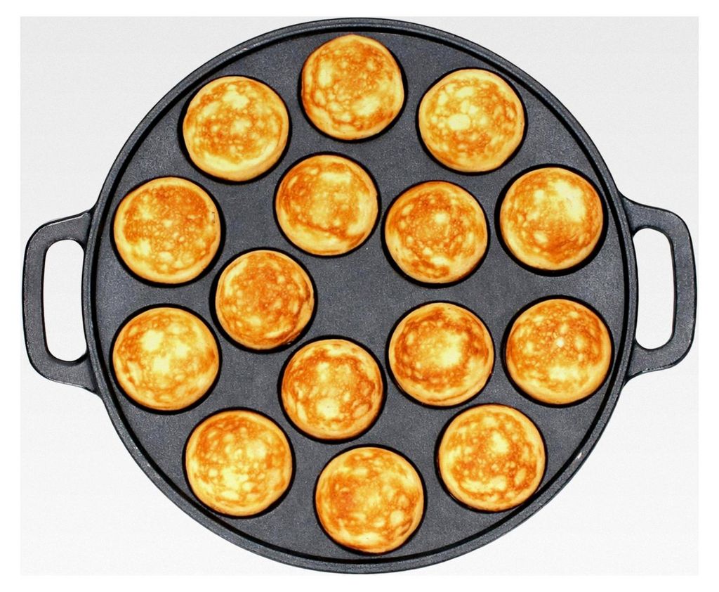 Poffertjes-Pfanne aus Gusseisen I Schwarz I Ø 24 cm mit 15 Mulden & Henkeln I für alle Herdarten & backofengeeignet