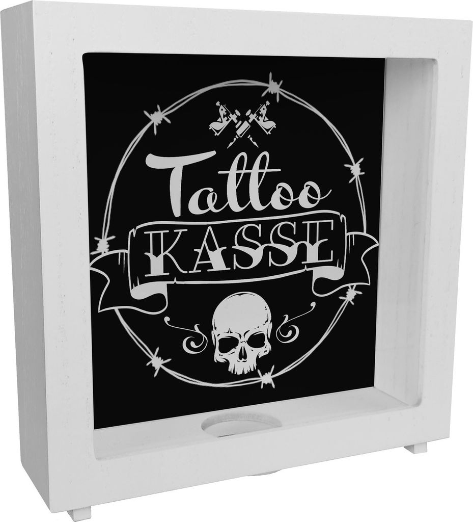 Rahmen Spardose aus Holz mit coolen Tattoo-Motiven in schwarz - Tattookasse