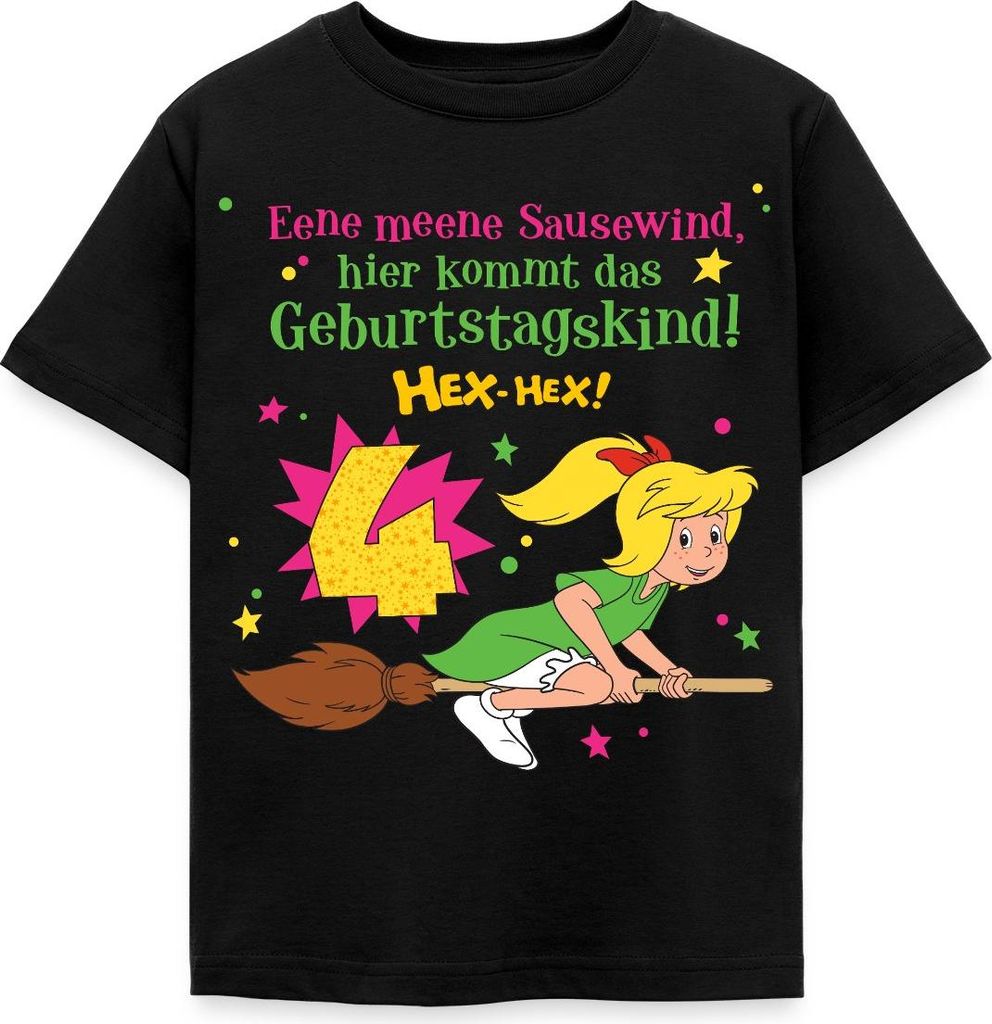 Spreadshirt Bibi Blocksberg Geburtstagsdesign 4 Jahre Kinder T-Shirt, 98/104 (3-4 Jahre), Schwarz