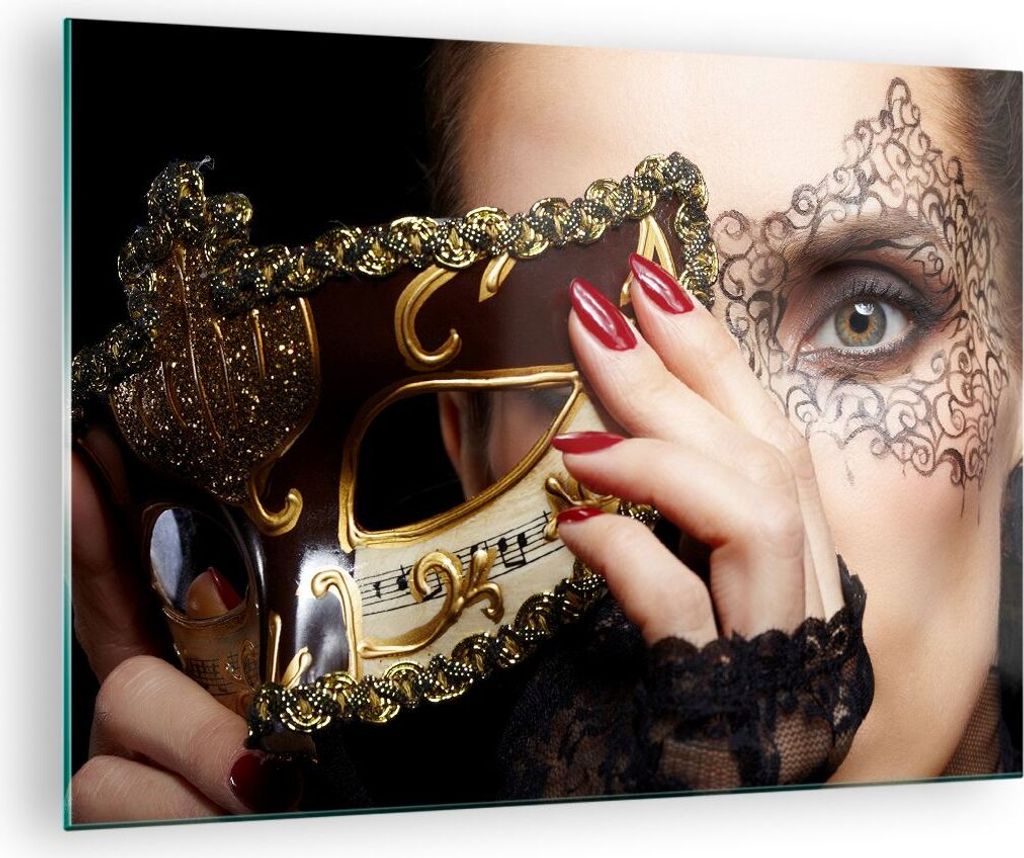 Bilder auf glas - Frau Mode Venedig Maske - 70x50cm - Glasbilder - Wandbilder - Kunstdruck - zum Aufhängen bereit - Wanddekoration aus Glas - Glas...