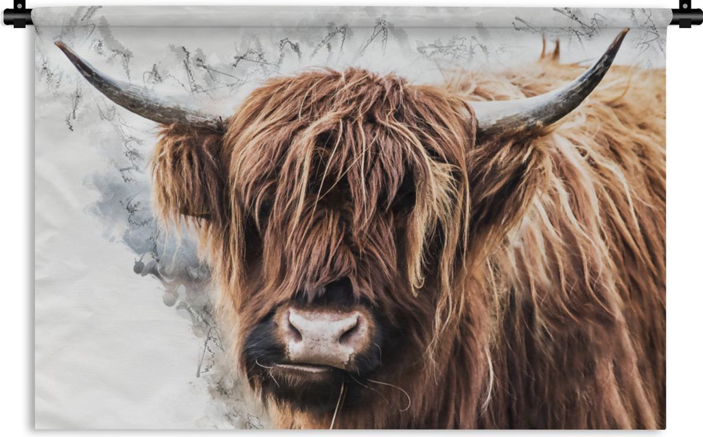 MuchoWow Wandteppich Wandbehang Schottisches Hochlandrind - Tiere - Rauch 120x80 cm Tapisserie Dekoration Wandtuch - Wanddekorationen - Wandtücher