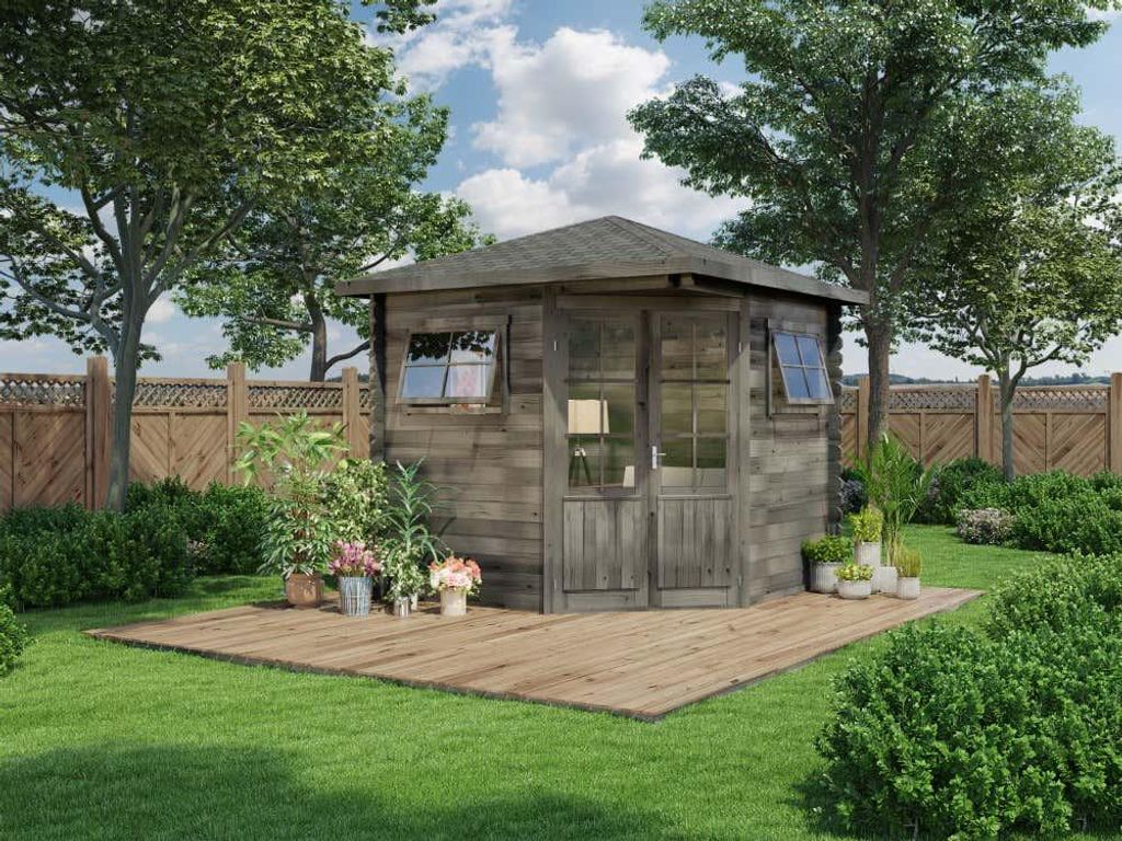 Alpholz 5-Eck Gartenhaus Sunny-B aus Holz Imprägniert (Grau) 250 x 250 cm mit 28 mm Wandstärke & Spitzdach