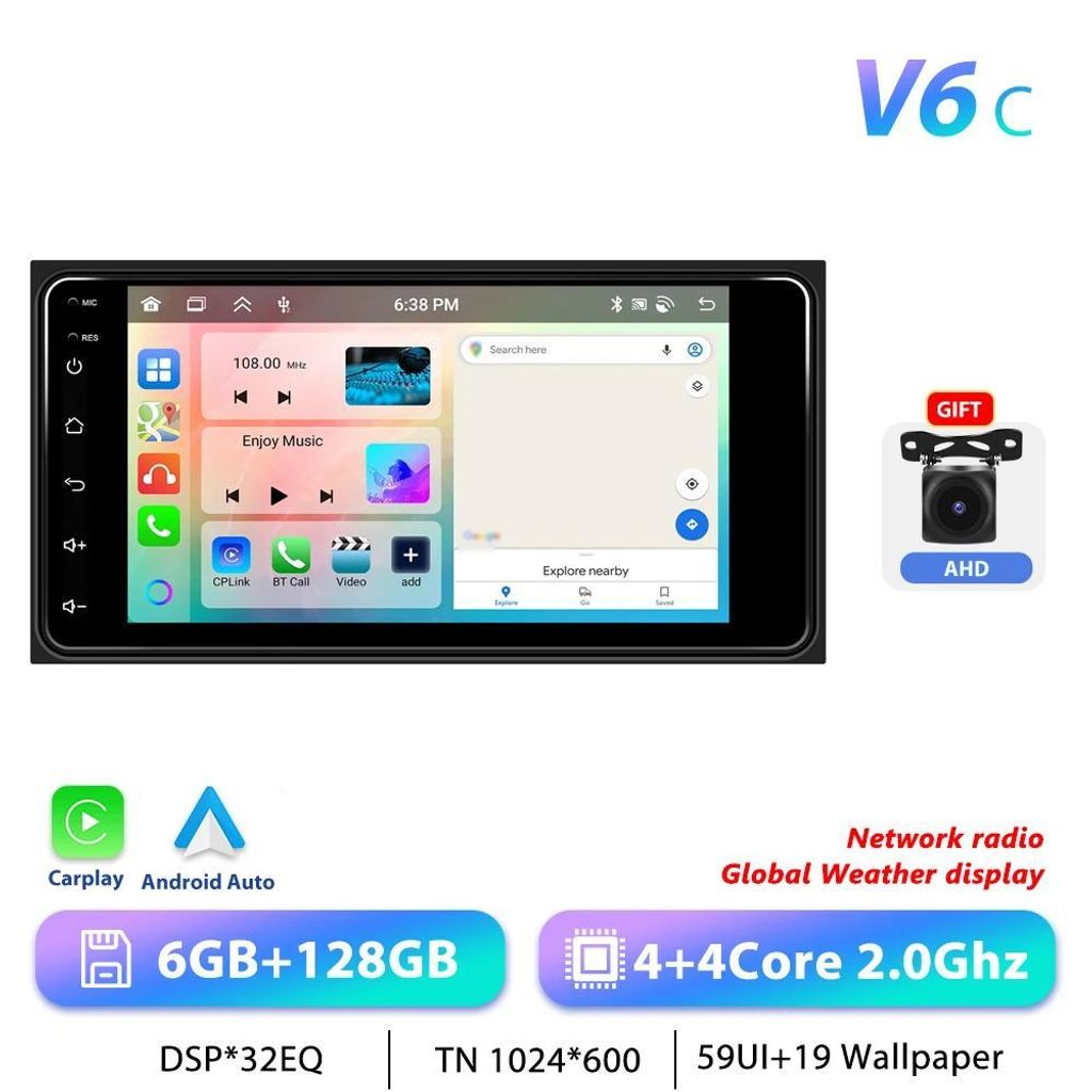 Toyota Echo - 2-DIN Android 13 Autoradio - 17,8 cm Touchscreen - 6+128 GB, 2,0 GHz - 1024×600 - RDS & 2×USB - Lenkradsteuerung