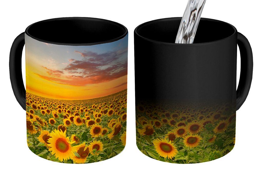 KitchenYeah Zauber Tasse Zaubertasse Magic Blumen - Sonnenblume - Sonnenuntergang - Nacht - Orange 350 ml Farbwechsel Becher Geschenk Geschenkide...