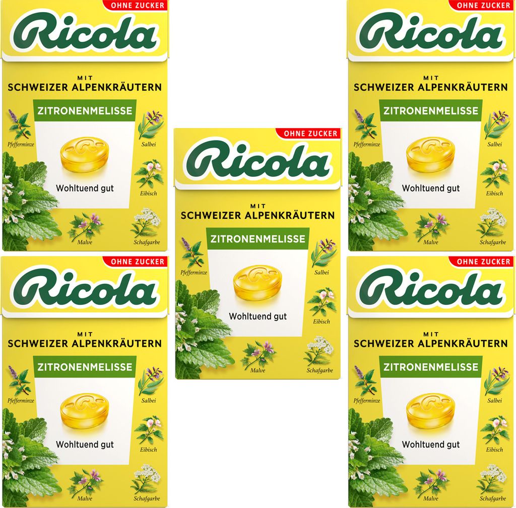 Ricola Zitronenmelisse ohne Zucker fruchtig im Böxli 50g 5er Pack