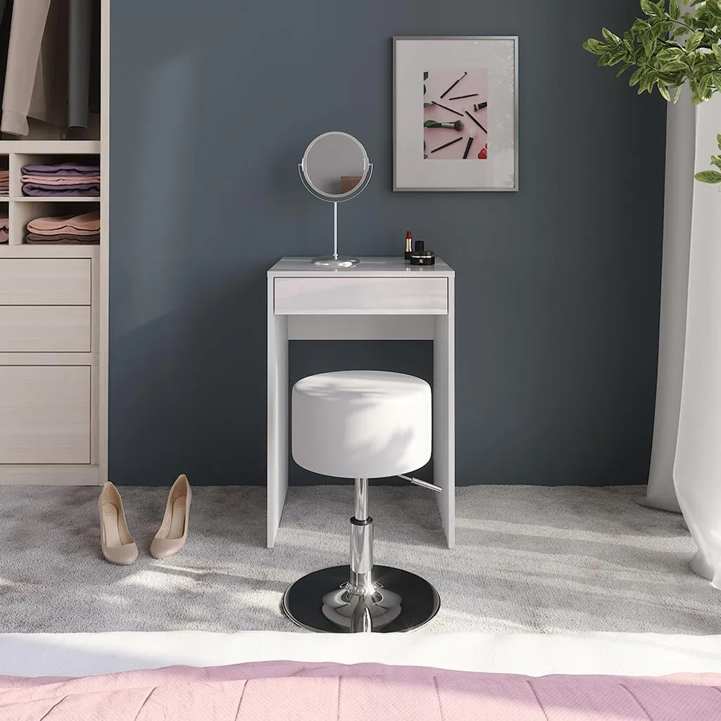 Coiffeuse Gain de Place Vicco Sherry 51.4cm Blanc Brillant et Tabouret