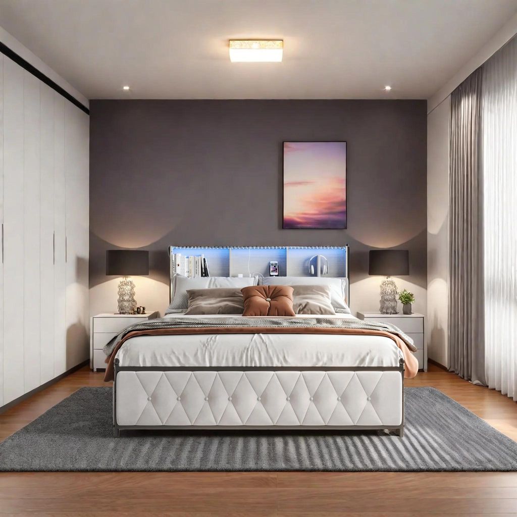 Polsterbett mit Stauraum - Doppelbett 180×200 cm - Samtbezug - Holzlattenrost - Gepolstertes LED-Kopfteil - 4 Schubladen - Kopfteil mit Stauraum -...