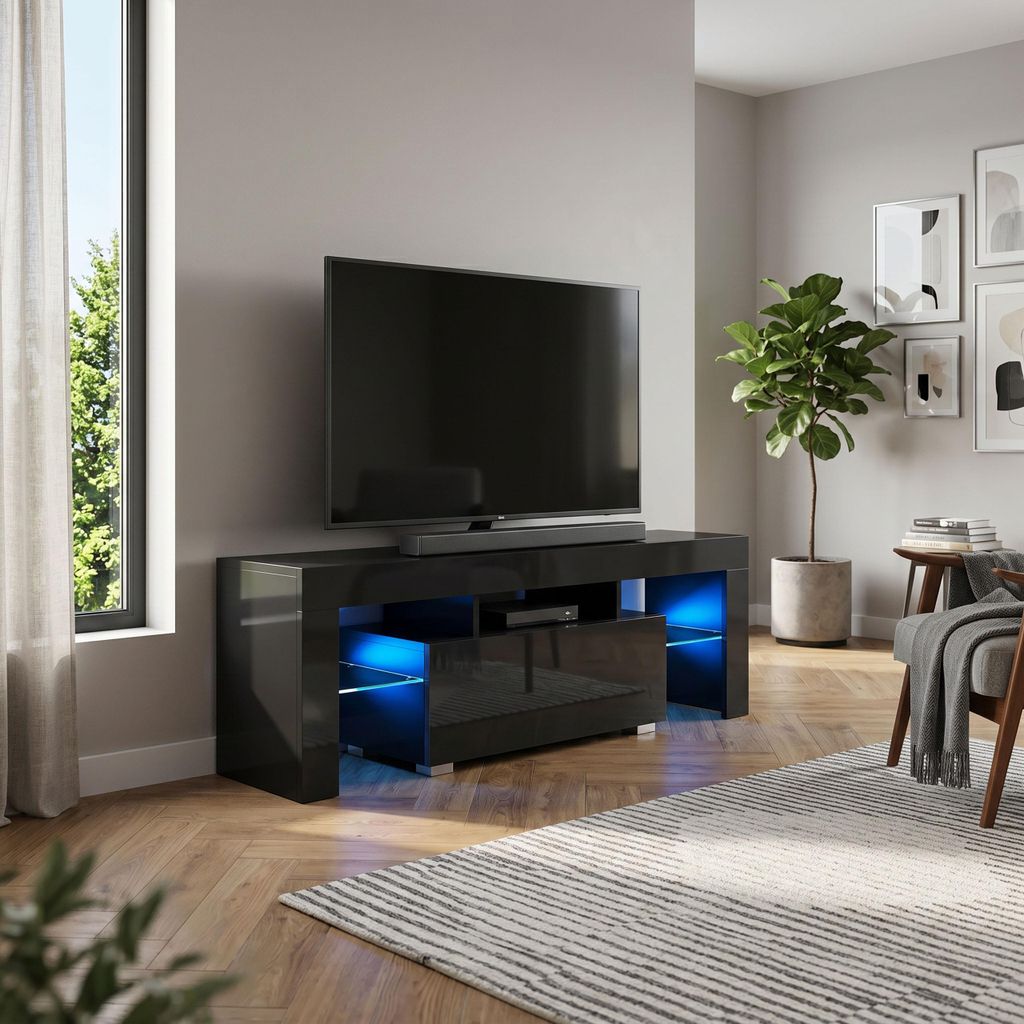 Masseno TV-Schrank CRISTALLO 130,2 cm Fernsehschrank mit 1 Türen TV-Lowboard für Wohnzimmer Modern 130,2x35x48,5 cm Schwarz / Schwarz