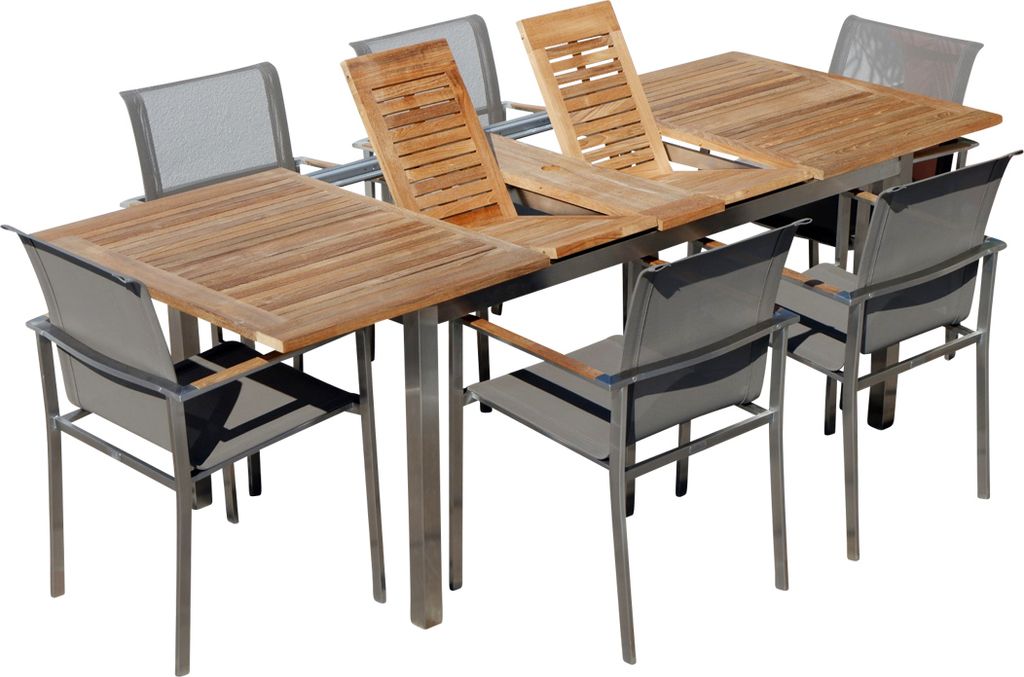 ALEOS. Gartengarnitur Edelstahl Batyline A-Grade Teak Holz Set Ausziehtisch 160-220 x 90 cm + 6 Sessel mit Batyline Bespannung Serie KUBA-BRAUN Gas...