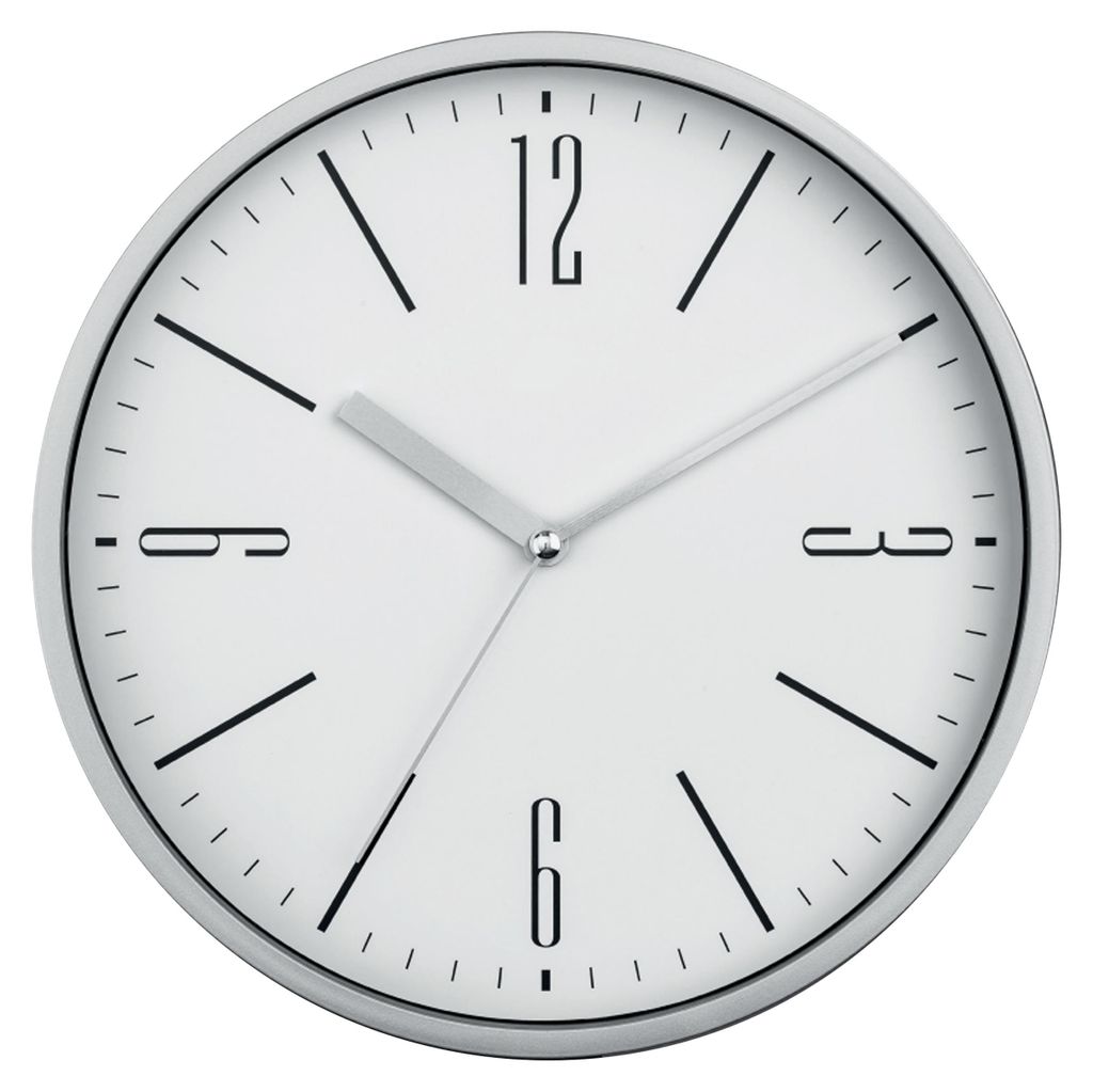 Design Wanduhr Silber 25 cm – Analoge Wanduhr mit weißem Produktbild 