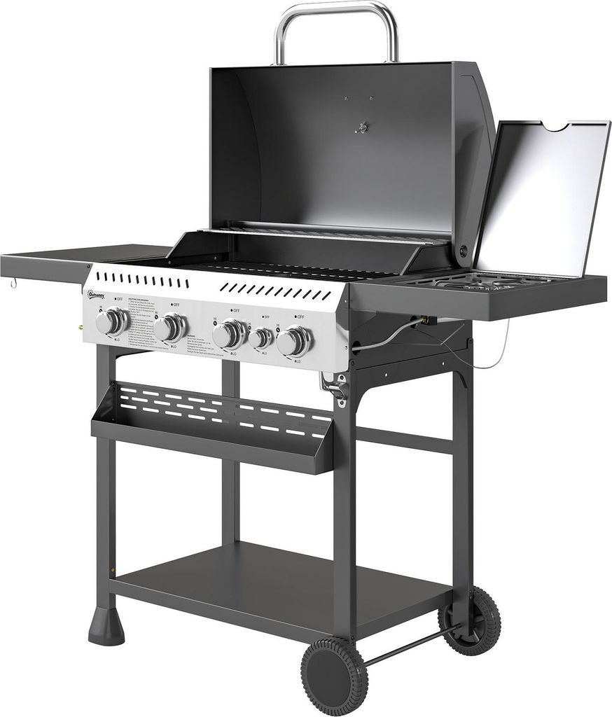 Gasgrill 12 KW 4+1 Brenner BBQ Grillwagen aus Edelstahl inkl Seitenbrenner Thermometer Grillrost Kochfeld Flaschenöffner Seitenablagen Gas-Grill f...