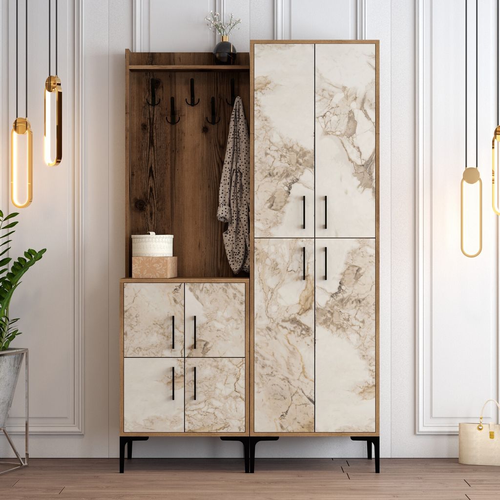 Skye Decor, Berlin BA - Walnut, White Marble, Hallenstand, Nussbaum, 100 % MELAMINBESCHICHTETE SPANPLATTEN, 120 x 35 x 200 cm