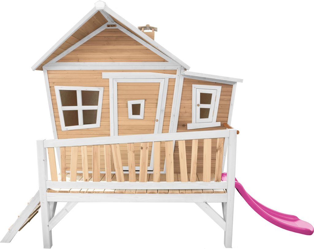 AXI Spielhaus Emma mit lila Rutsche | Stelzenhaus in Braun & Weiß aus Holz für Kinder | Spielturm für den Garten