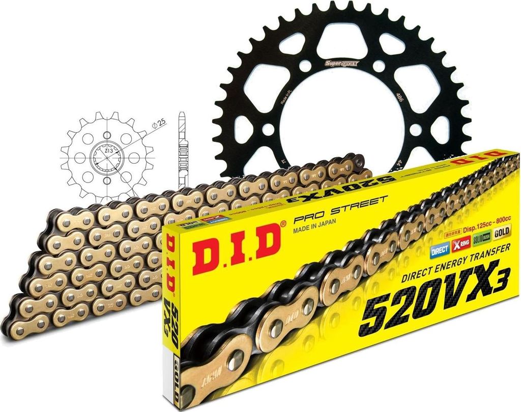 Kit Alu (schwarz) passend für Kawasaki EL250 88-96 14-44-114 DID520VX3(G&B) Clip