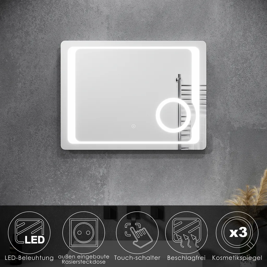 Specchio Luminoso LED 80x60 cm SUNXURY con Specchio Cosmetico Touch