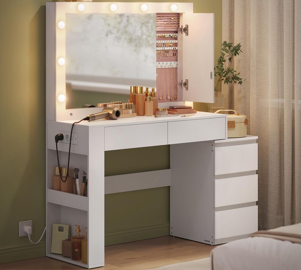 VASAGLE Schminktisch mit LED-Beleuchtung, Frisiertisch mit Spiegel, Schmuckschrank, Steckdosenleiste, 40 x 125 x 140 cm, Kosmetiktisch mit Schubladen