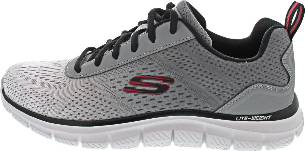 Side view of a gray Skechers sneaker.