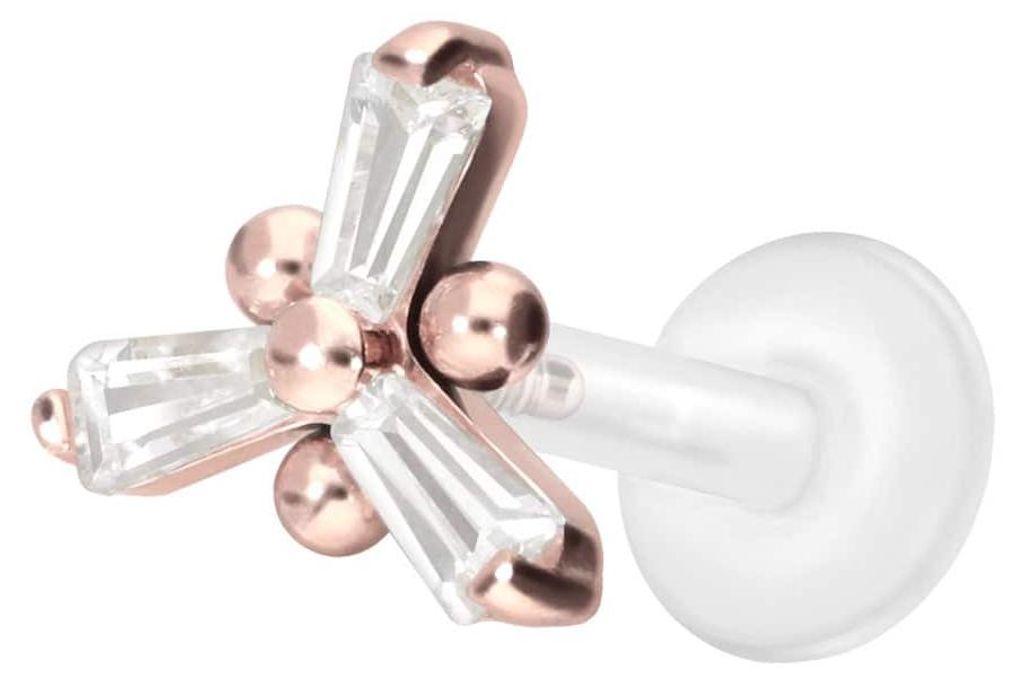 Ohrpiercing, Nasenpiercing PTFE Labret mit Innengewinde + Titan-Aufsatz KRISTALLBLUME RoséGold Stablänge: 7mm | Stabstärke: 1,2mm