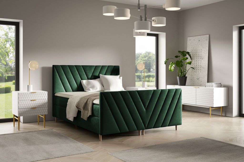 Kontinentales Bett 140x200 ANAMARI PLUS - Flaschengrün + GRATIS Matratzenauflage