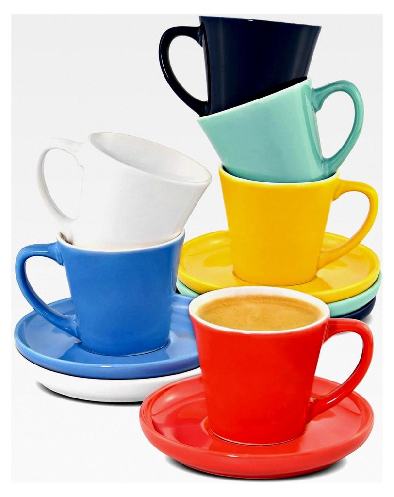 Espressotassen Set 6-teilig mit Untertassen - Keramik Bunt - Stapelbares Design - Hält Lange Warm - Moderne Farben - Geschenkbox - 70ml