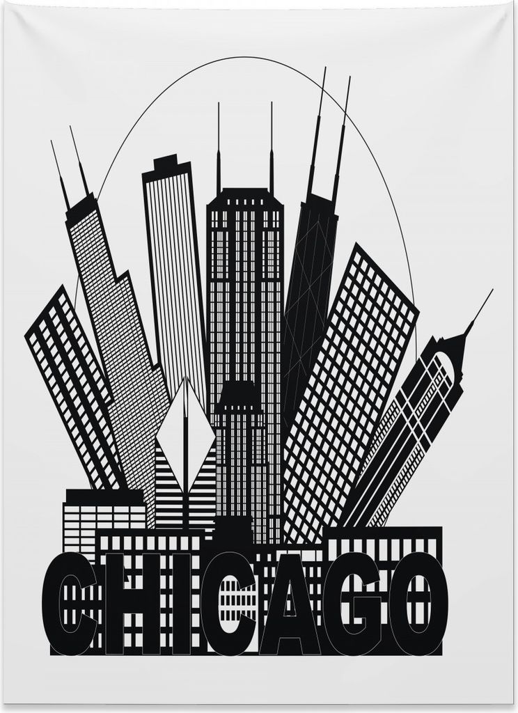 Abakuhaus Chicago Skyline Wandteppich, Stadt im Kreis aus Weiches Mikrofaser Stoff Kein Verblassen Klare Farben Waschbar, 110 x 150 cm, Weiß und S...