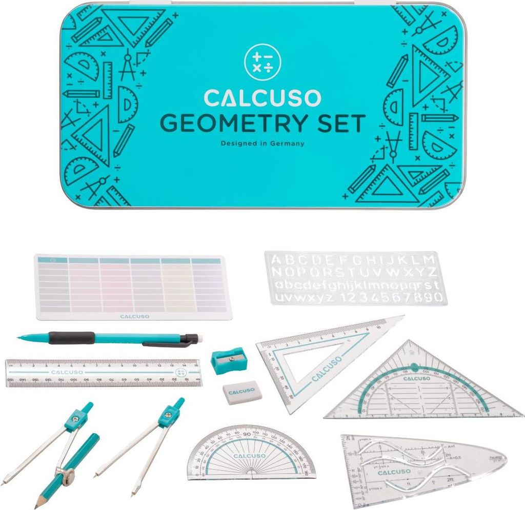 CALCUSO Geometrie Set 14-teilig – Metallbox mit Zirkel, Geodreieck & Lineal
