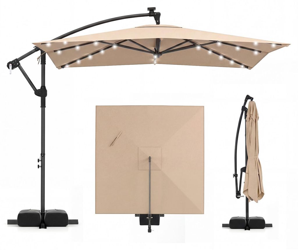 COSTWAY Sonnenschirm 250cm mit Ständer, LED-Leuchten & Kurbel, Ampelschirm quadratisch, Gartenschirm 360° drehbar, Marktschirm Terrassenschirm Braun