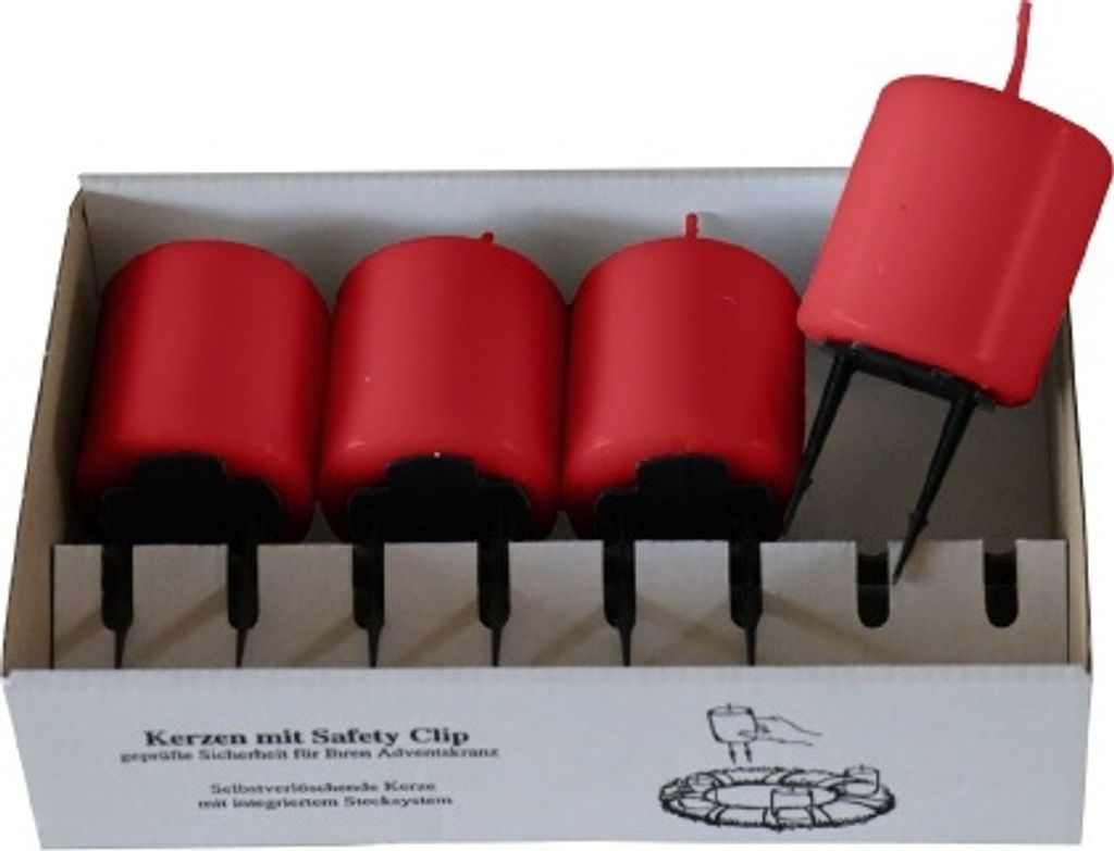 4er Set Adventskerzen, Stumpenkerzen mit Safety Clip und Kerzenstecker (Haltekrallen) Rot 6 x ? 5 cm