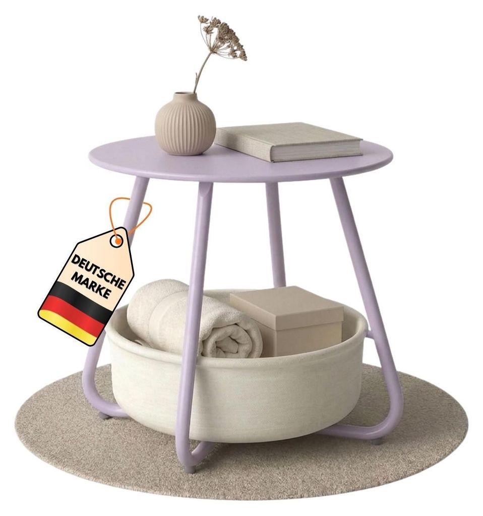 Couchtisch KOSI Lila aus Metall Ø 45 x 45 cm mit Aufbewahrungskorb Canvas, Beistelltisch rund mit Ablage - Wohnzimmertisch im Vintage Style, Sofat...