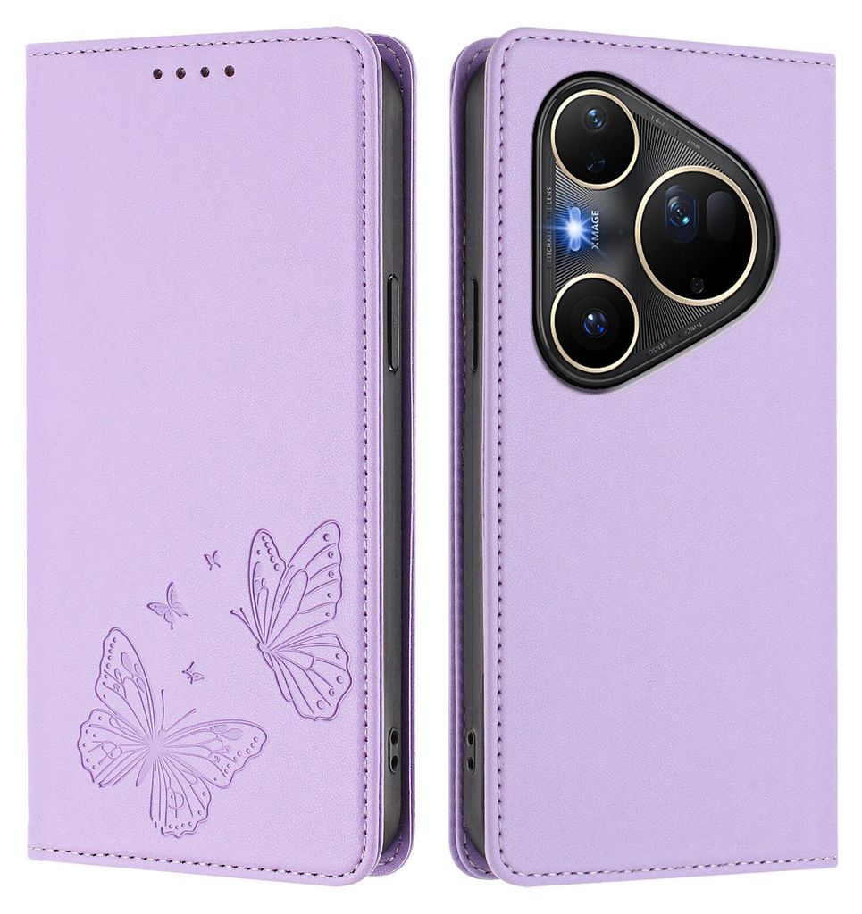 Lederhülle für Huawei Pura 80 Ultra, Schmetterling Prägung Leder Brieftasche Schutzhülle mit Ständer Violett