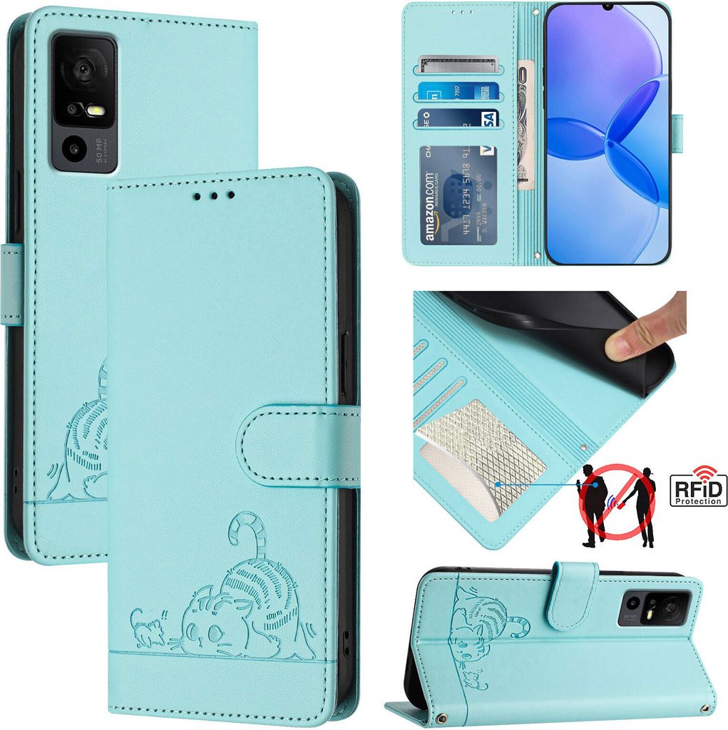 Leder Hülle für TCL 40R Süße Katze Flip Case Brieftasche Schutzhülle mit Standfunktion hellgrün