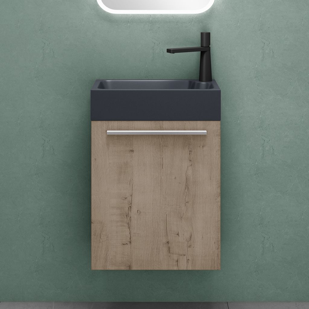 Mai & Mai Badmöbelset Badezimmermöbel Waschbeckenunterschrank in Eiche Greige und Waschbecken Anthrazit matt BxTxH 46x26x63cm Pisa