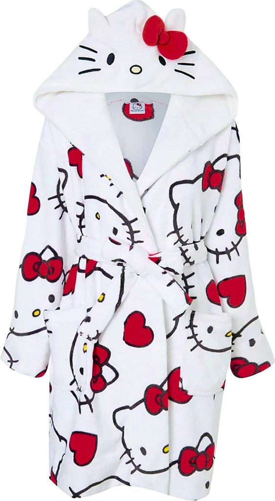 Hello Kitty - Morgenmantel für Damen, Fleece TC1023 (XL) (Weiß/Rot/Schwarz)