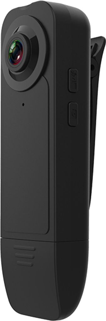 A black, compact, and portable surveillance camera with a clip on the back, shown against a white background.