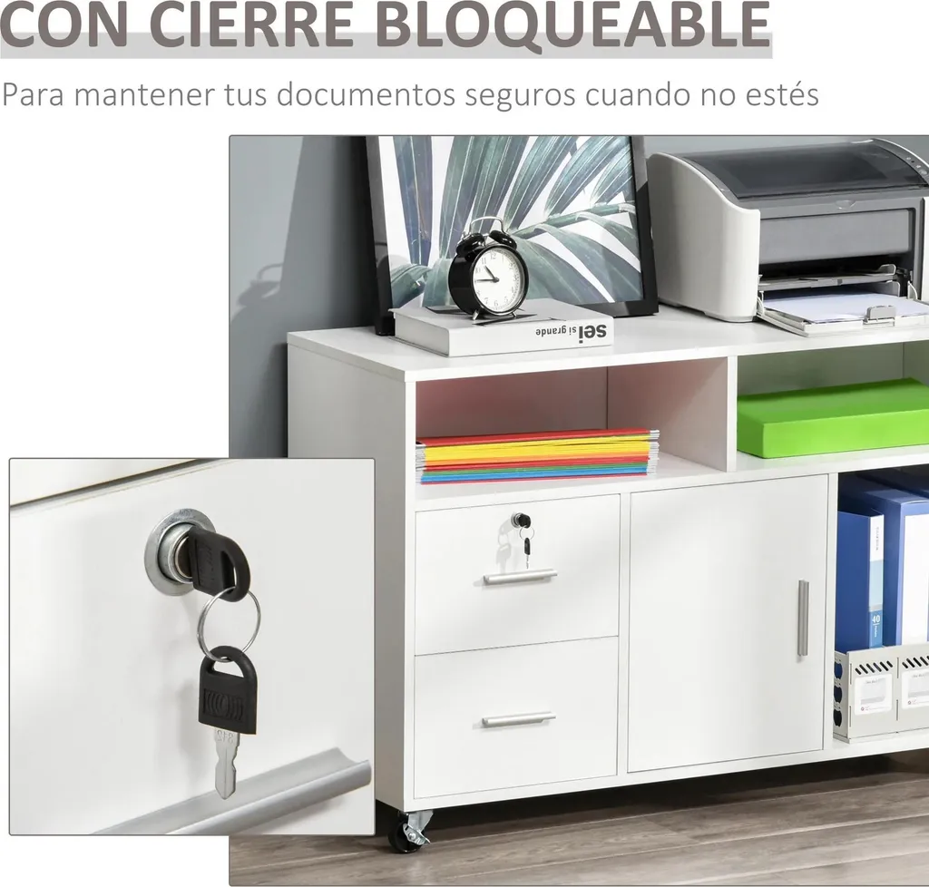 Armoire de bureau mobile 5 compartiments blanc avec tiroirs bois