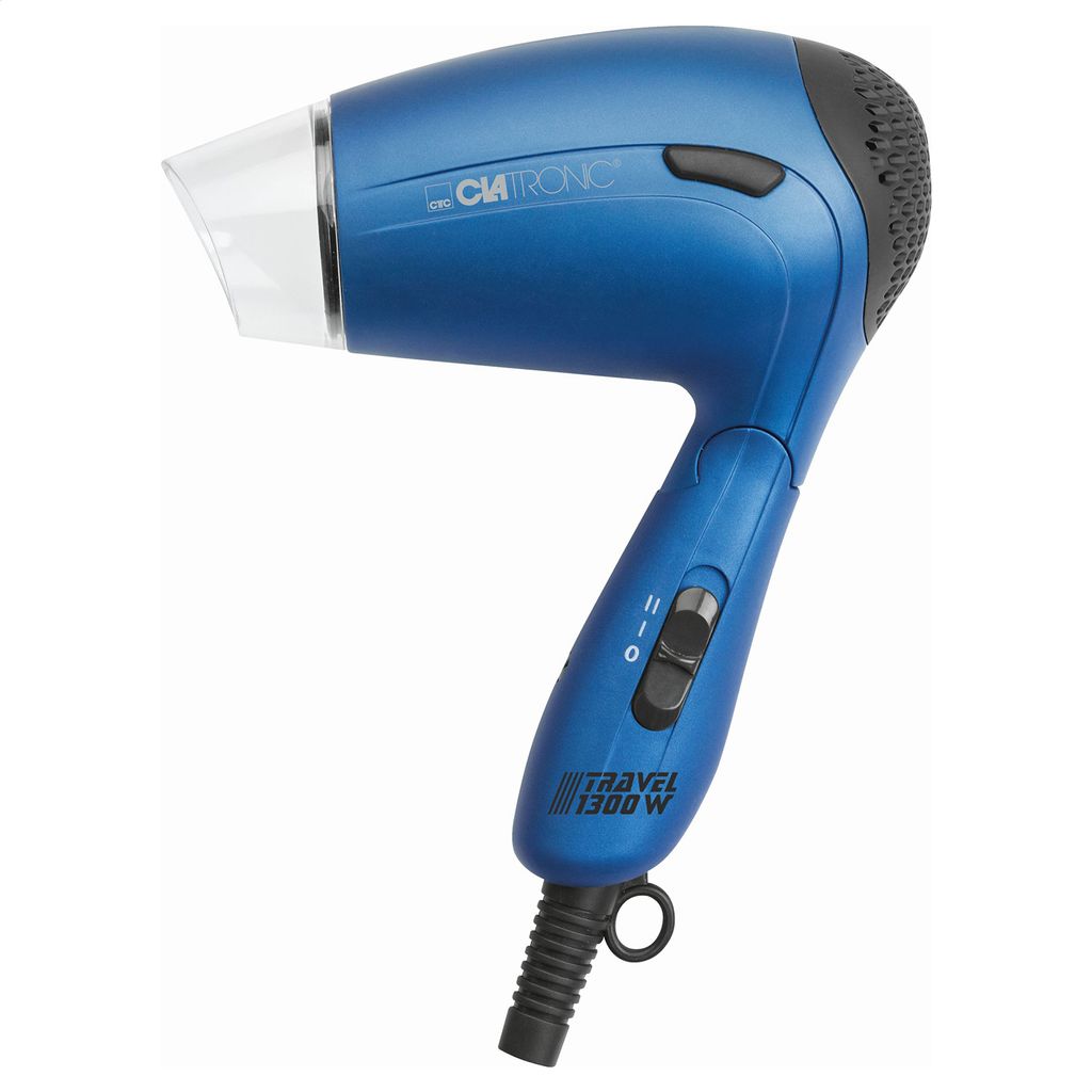 A blue Clatronic travel hair dryer is shown against a white background.