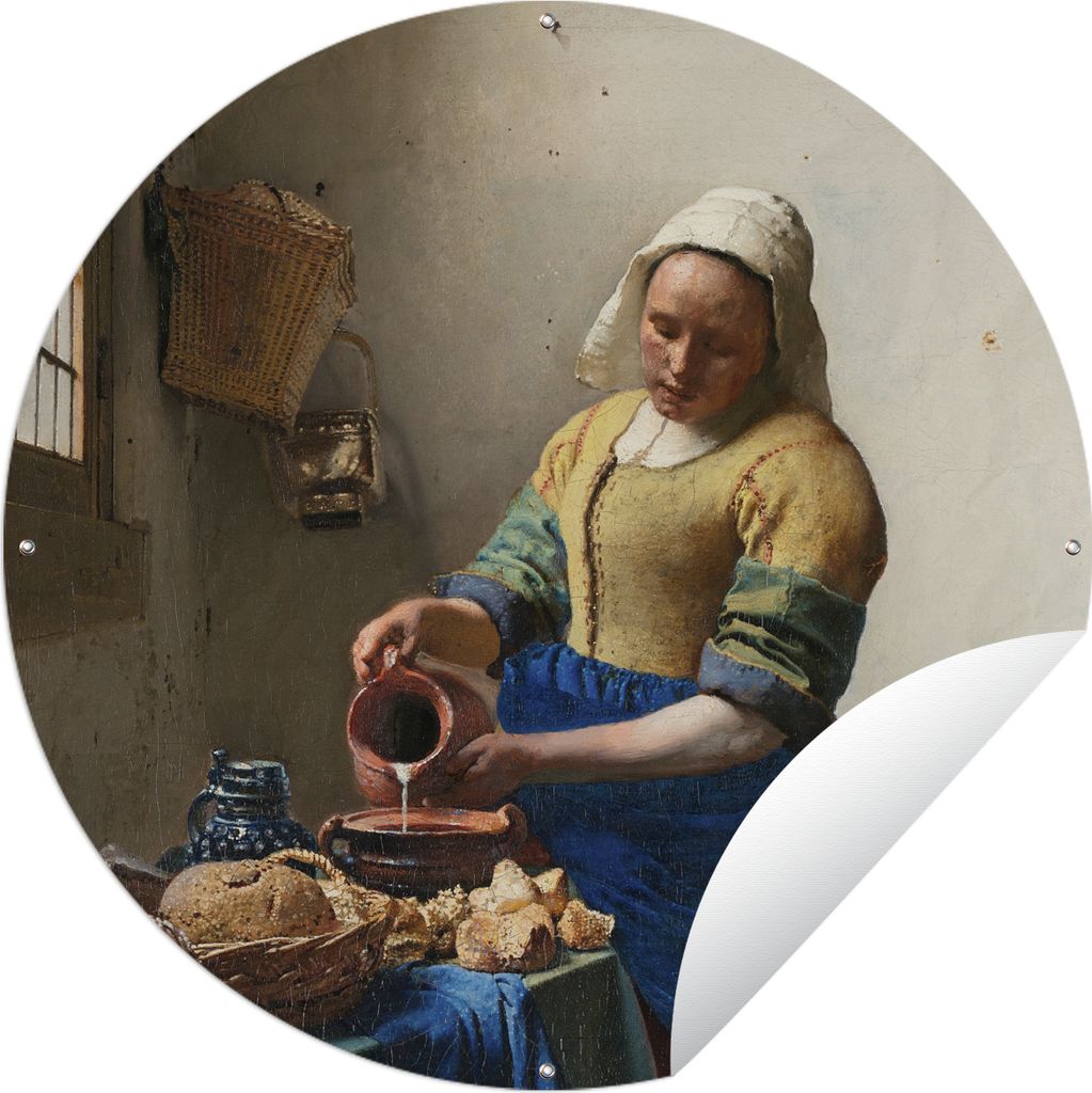 MuchoWow Gartenposter Outdoor-Poster Rund Das Milchmädchen - Kunst - Alte Meister - Vermeer Ø 120 cm Gartendeko Rundes Poster draußen