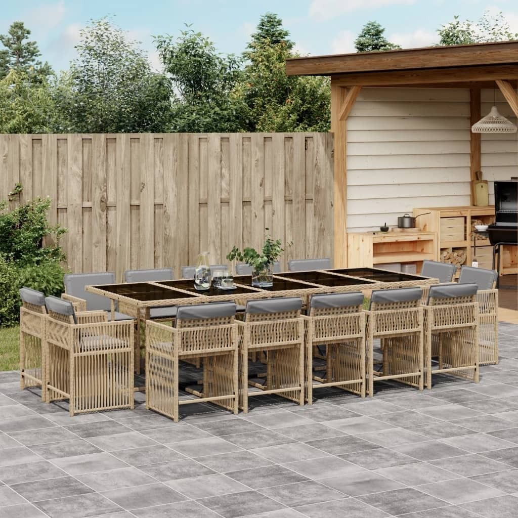 "2026 Promotion" 15-tlg. Garten-Essgruppe - mit Tisch und Stühlen - mit Kissen - Beigemischung Poly Rattan - Gartenmöbelset CC11654