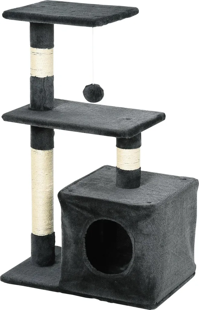 Arbre à griffer gris pour chat avec niche et plateformes en bois naturel