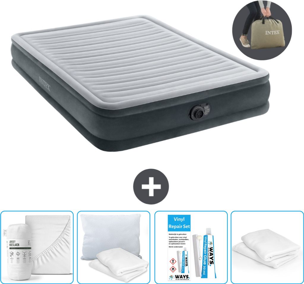 Intex Luftbett - 2 Personen - 152 x 203 x 33 cm - Grau - Inklusive Pumpe - Spannbettuch - Küssen - Reperaturset en Kissenschutz