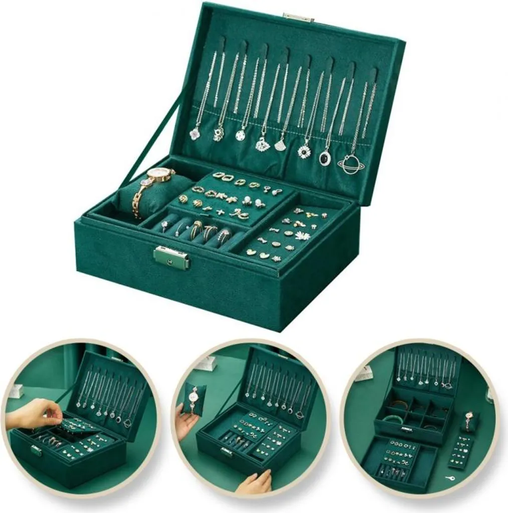 Scatola Portagioie Verde Bottiglia PD133: Organizer Gioielli in Velluto