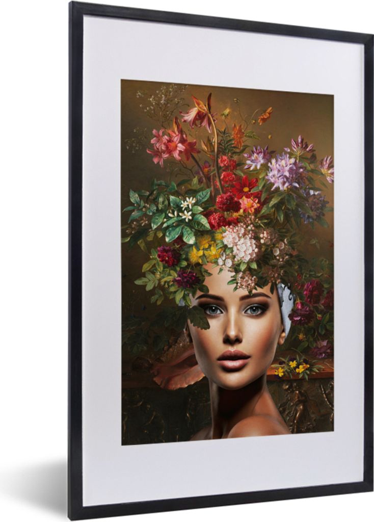MuchoWow MuchoWow Gerahmtes Poster Frau - Blumen - Farben 40x60 cm - Poster mit zchwarzem Bilderrahmen - Poster in Rahmen