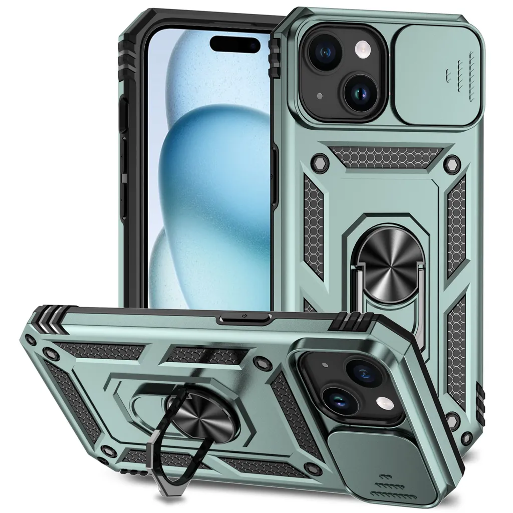 Custodia iPhone 15 con Copertura Fotocamera e Anello - Protezione Verde