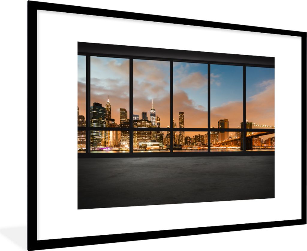 MuchoWow MuchoWow Gerahmtes Poster Blick auf Manhattan in der herannahenden Nacht 90x60 cm - Poster mit zchwarzem Bilderrahmen - Wanddekoration...