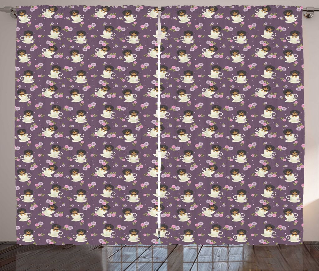ABAKUHAUS Tee-Party Rustikaler Vorhang, Dackel Hunde in Cups, Wohnzimmer Universalband Gardinen mit Schlaufen und Haken, 280 x 225 cm, Aubergine Mu...
