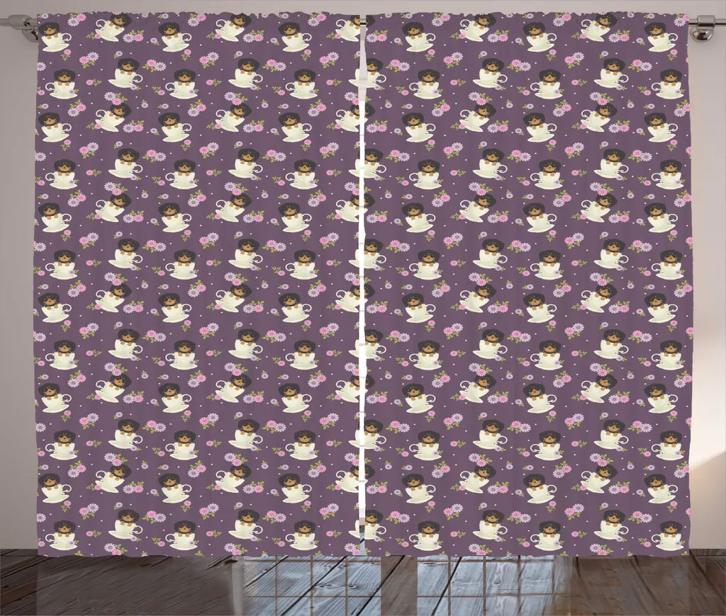 Rideau rustique ABAKUHAUS Tea Party à motifs teckel 280x225 cm aubergine