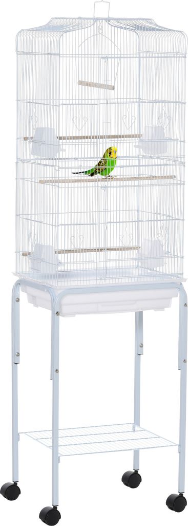 PawHut Vogelkäfig mit Rädern, 46,5 x 36 x 157 cm, Metall-Vogelkäfig mit Türen, 4 Futterspender, 3 Sitzstangen, abnehmbares Tablett und Ablagefa...