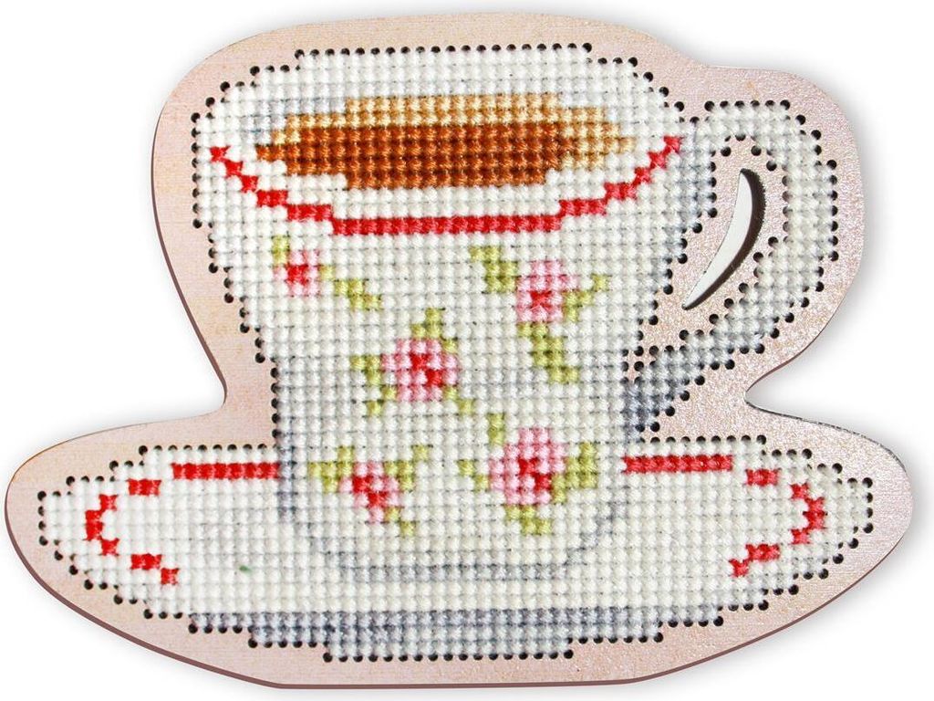 RTO Kreuzstich Set auf Holzplatte "Tasse Tee" EHW028, Stickbild vorgezeichnet, 10.1x7.4 cm